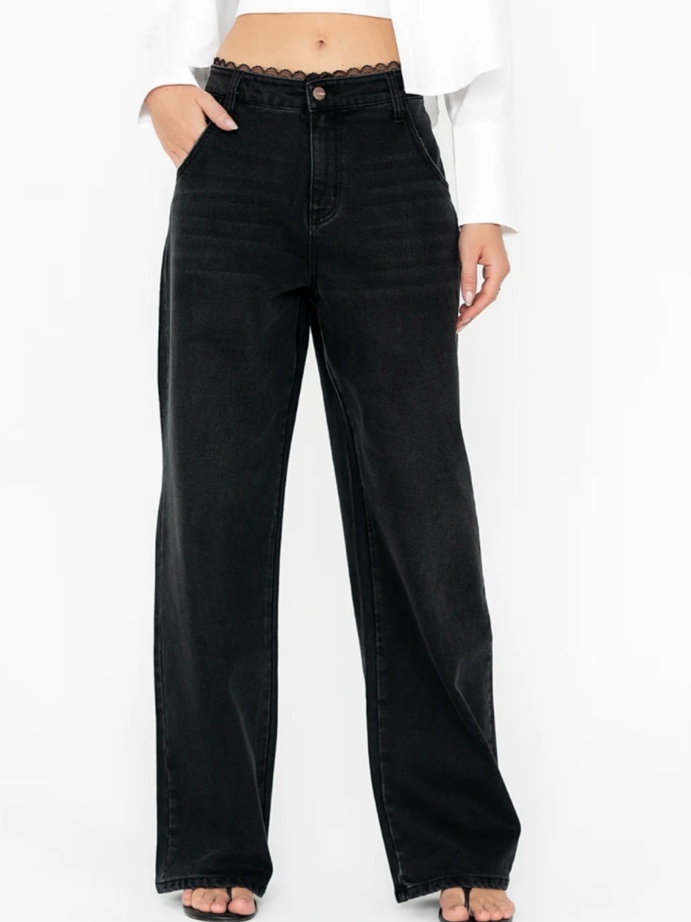 NEW Bohme Della Lace Trim High-Rise Baggy Jeans Black Sz 31 - *Current*